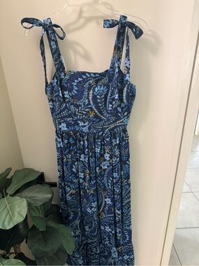 Rachel Zoe Navy and Light Blue Floral Maxi Dress Tie Strap Sleeveless small NWOT